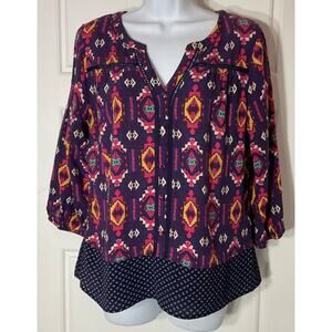 Skies Are Blue Navy Aztec Print Button Front W/Embroider Accents Top M